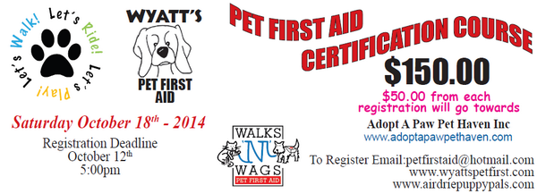 <a href="/AirdriePuppyPal/">Airdrie Puppy Pals Dog Daycare and Dog Training</a> <a href="/WNWPetFirstAid/">Walks 'N' Wags PFA</a> #petfirstaid #Airdrie #dog #community #pet #animal #safety