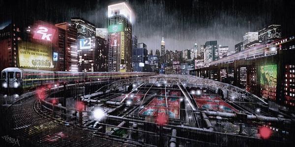 NBA2K's tweet photo. Who will be brave enough to step up to "The Stage" on #NBA2K15? Here is a look at concept art for The Stage. 10/7. http://t.co/gQtFpbE53b