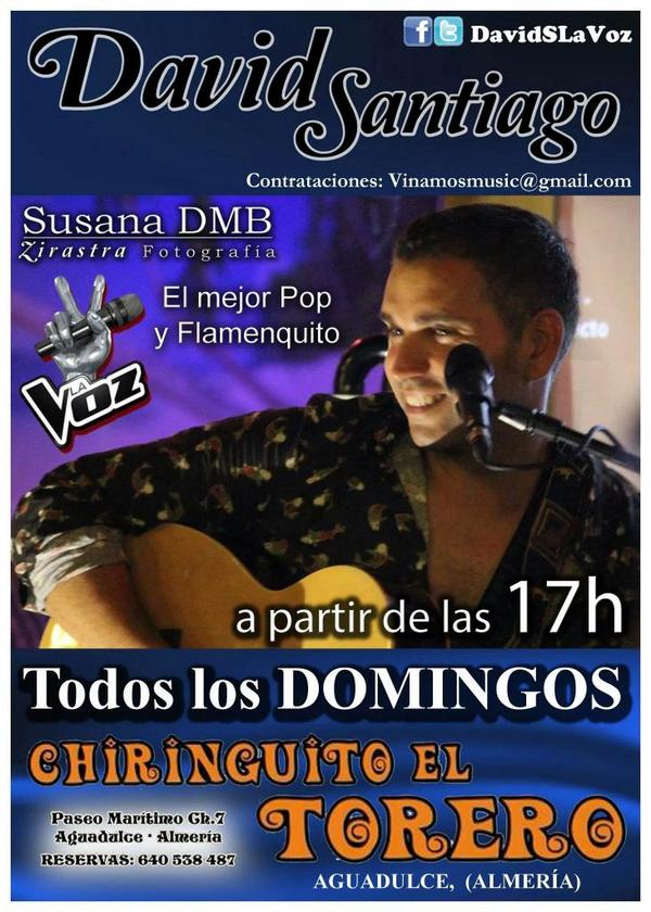 DavidSLaVozInfo's tweet photo. RT Todos los Domingos concierto de @DavidsLaVoz y su grupo en #ChiringuitoElTorero #Aguadulce 🎤 🎶 💃 💃  http://t.co/4EzpnMtdK7