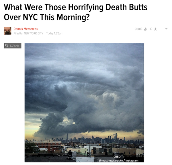 meusPartum's tweet photo. What Were Those Horrifying Death Butts Over NYC This Morning? #cloudToButt http://t.co/FdRyCqywww