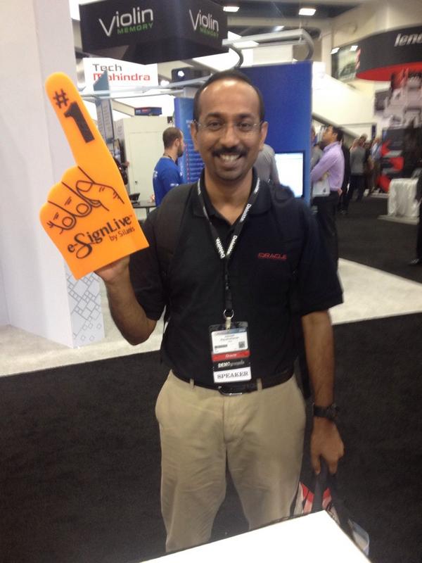 taliabrott's tweet photo. #1 e-signature integrated with #oracle #documaker! Jobinesh stopped by @SilanisTech to give us the finger #oow14 http://t.co/VgvwekY6dS