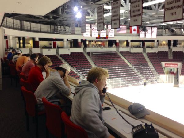 AgganisArena's tweet photo. Here in the press box with @TerrierHockey making calls to season ticket holders to thank them for their support! http://t.co/S7Cu4ZfaxG