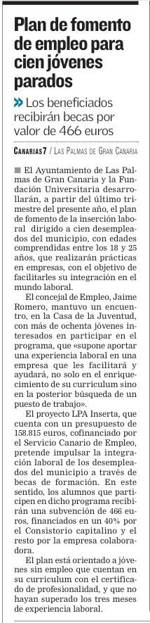 LPA_imef's tweet photo. El @canarias7 recoge el proyecto #LPAinserta para fomentar la inserción de 100 jóvenes. #LPAreActiva http://t.co/BhxOZlvzb7