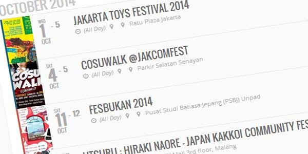 Daftar Event Jepang Bulan Oktober 2014.
Cek daftar lengkapnya di: japanesia.org/event/