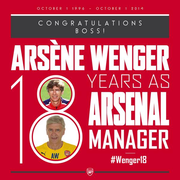 Morning all. Today marks 18 years since the boss took over at <a href="/Arsenal/">Arsenal</a>! Send your congratulations using #Wenger18