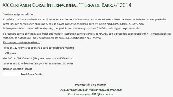 InfoFecoex's tweet photo. XX Certamen Coral Internacional "Tierra de Barros" 2014
http://t.co/G9nMHqdDsJ http://t.co/SdMOTYqISZ