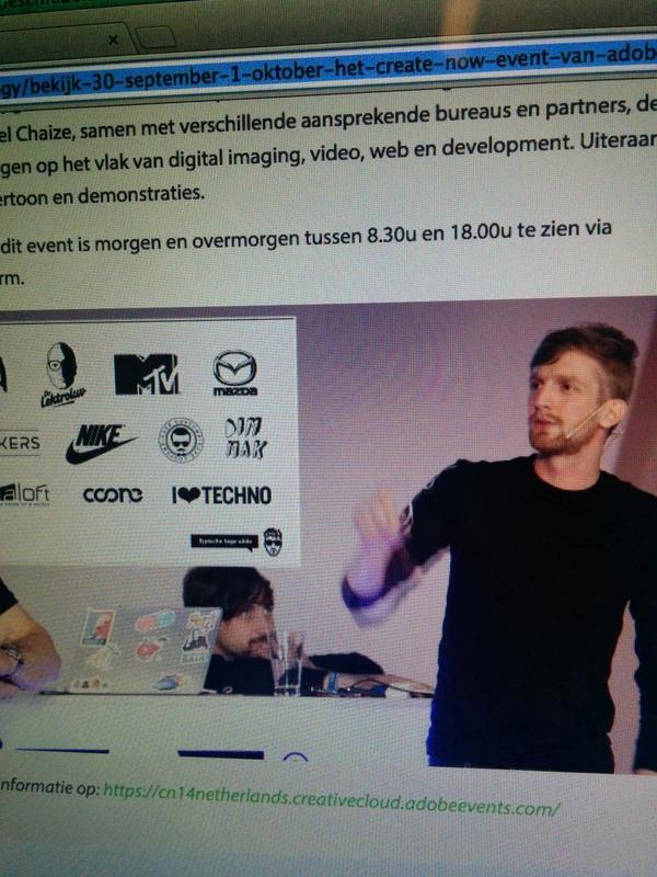 MetaTalk's tweet image. Watching @musketon talk about design, his life &amp;amp; random crap at the Adobe Create Now event. dutchcowboys.nl/technology/bek…