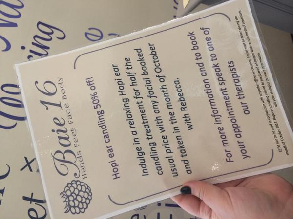 Baie16's tweet photo. New offer starting in salon today! Half price Hopi ear candling treatment available with all of Rebecca's facials! http://t.co/VAETx4rQK6