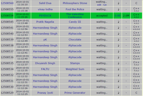 sahildua2305's tweet image. This is how people fuck up with #SPOJ server! 8 code submissions within a minute, making the server slow! -_-