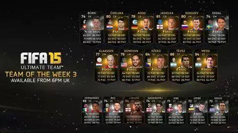 FIFA15_LAT's tweet photo. Equipo de la semana 3. Jugadores como Dzeko, Teves y Messi dentro de él. Ya podrás conseguirlos en diferentes sobres. http://t.co/fgqcIirkgt