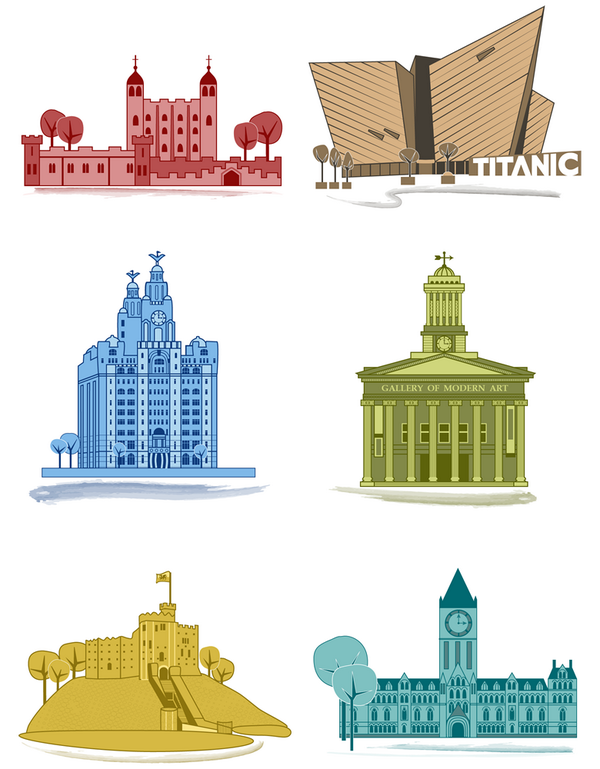 bekcruddace's tweet photo. My 6 illustrated iconic UK buildings #TowerofLondon,#Titanic,#gomaglasgow, #cardiffcastle,#Liverbuilding,#Manchester http://t.co/8MZzq8rhLO