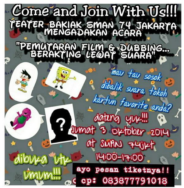 ikutaan yuuk. HTM :
single : 15rb 
couple : 25rb 
promo buy 5 get 1 
di AULA SMAN 74 jakarta 
jum'at, jam 2 SIANG