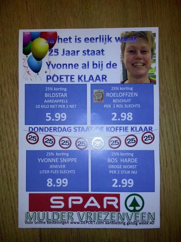 Yvonne snippe Donderdag 25jaar bij spar Mulder. Morgen vroeg staat de koffie klaar