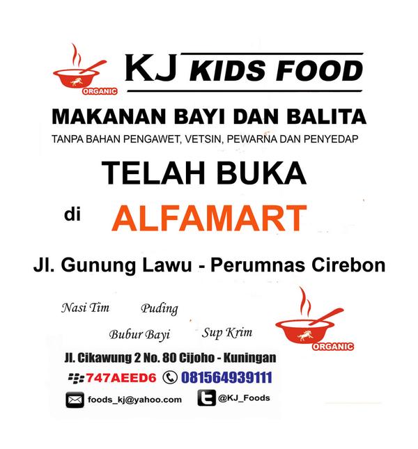 KJ_Foods's tweet photo. KJ Kids Foods telah hadir di ALFAMART Jl. Gn. Lawu (Perumnas-Cirebon) Buka jam 06.00-08.30 @abah_oman @Kuningan_Asri http://t.co/doxO5Dvizh