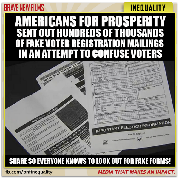 BraveNewG's tweet photo. #Koch funded @AFPhq sent out thousands of fake voter reg forms in an attempt to confuse #NC voters @AFPNC #VoterFraud http://t.co/gk0XLDXF1l