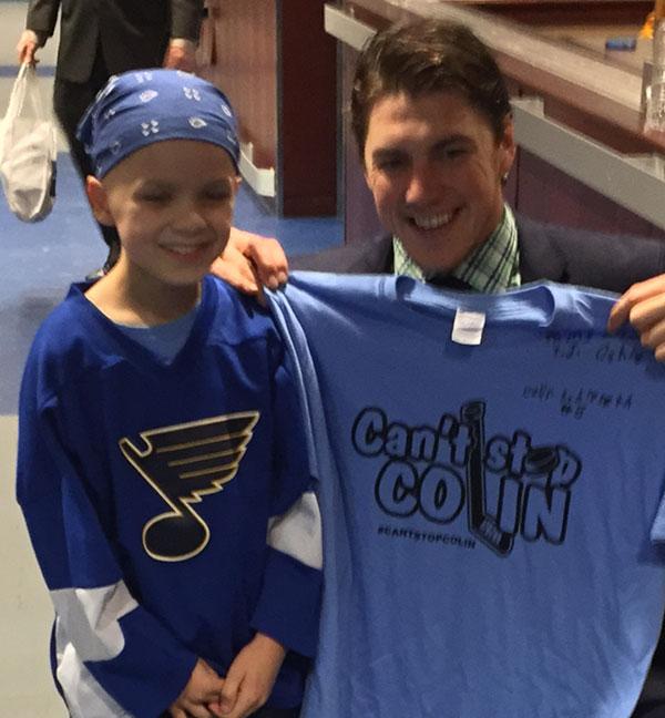 StLouisBlues's tweet image. Colin, who begins chemotherapy this week, met the team last night. He's pictured here with Ryan Reaves &amp;amp; T.J. Oshie.