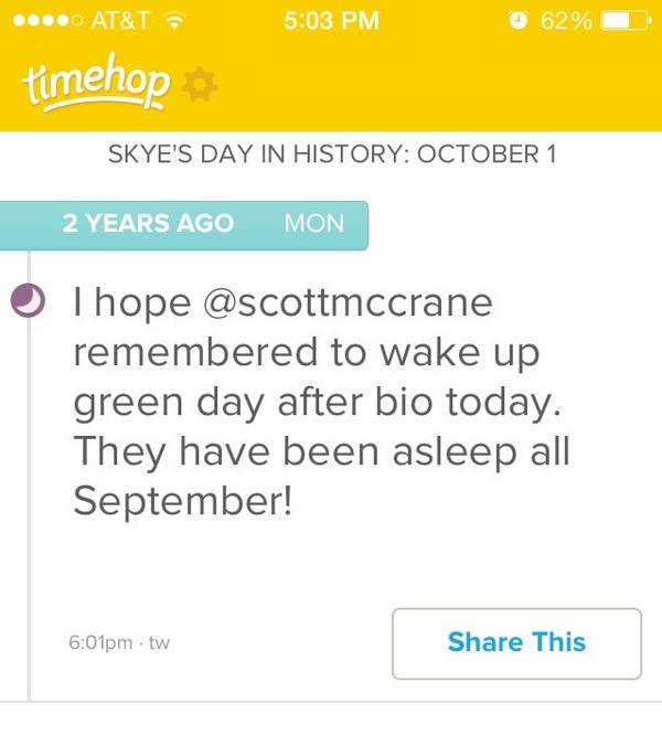 skyemassey's tweet photo. Nothing has changed, I still enjoy cracking Green Day jokes #happyOct1st http://t.co/9CZQs5LJYD