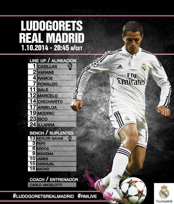 ReyLaMadrid's tweet photo. Isco and CHICHARITO are starting! 🙌 #HALAMADRID #LudogoretsRealMadrid #UCL http://t.co/6ZIjc1WvE5