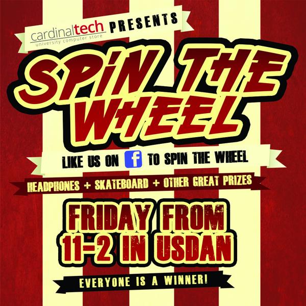 WesCardinalTech's tweet photo. Join us Friday in Usdan for a spin the wheel promo! Everyone's a winner while supplies last: http://t.co/sMLxsd0ema