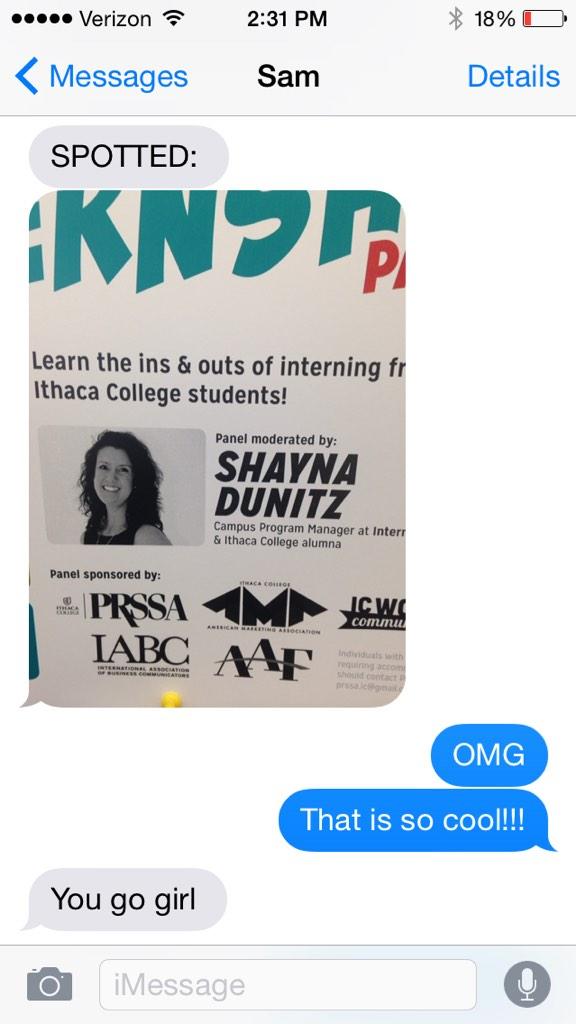shaynadunitz's tweet photo. When did I get cool enough for this?! Moderating an #internship panel the day before @IthacaCollege #AlumniWeekend 💁 http://t.co/xv1GKpySF0