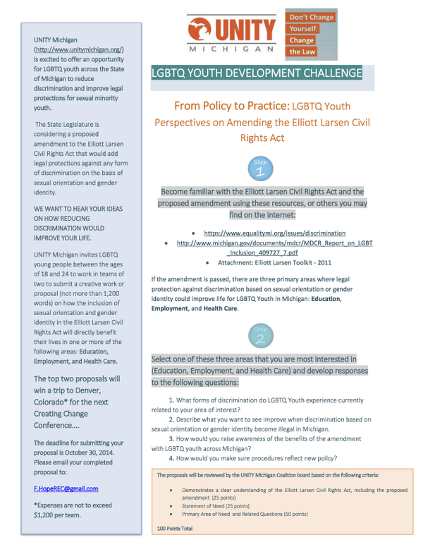 changethelaw's tweet image. We are offering an opportunity for LGBTQ youth across MI to reduce discrimination and improve legal protections.