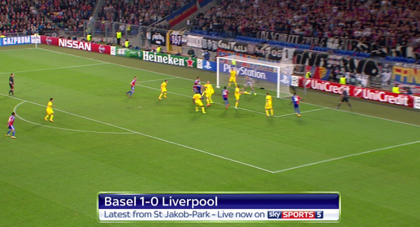 SkySportsCL's tweet photo. GOAL! Basel 1 – 0 Liverpool (Streller) http://t.co/t9pnbUkxim #SkyCL #UCL Live on Sky Sports 5. http://t.co/snMbcqapl3