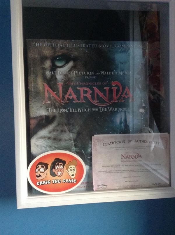 MaryLyszczarz's tweet photo. I slapped that sticker on the shadow box of my autographed Narnia book #CraigtheSwag @PortholeProd @CraigTheGenie http://t.co/rHy4NlbXav