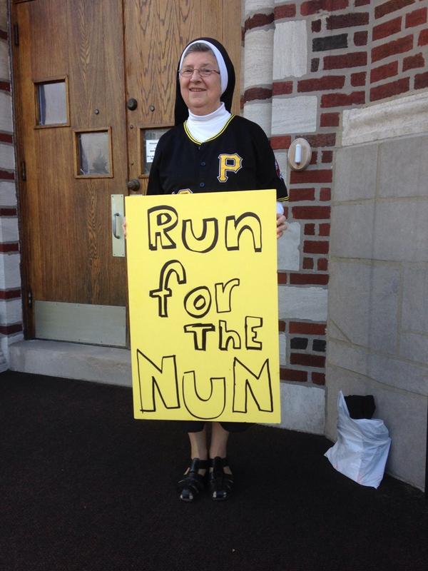 leightheaded's tweet photo. Sister Jeanne Marie Ulica of Bellevue is all decked out and on her way to the Wild Card Game. #BucsFanPhoto http://t.co/hvaKa0nnTs