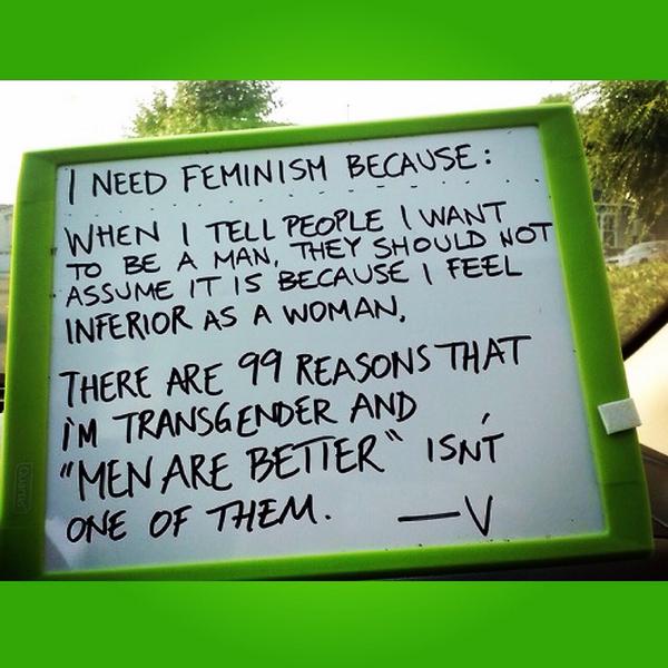 WNFeminism's tweet photo. #INeedFeminismBecause there are 99 reasons that I'm transgender and "men are better" isn't one of them. http://t.co/urXtFCJkyq