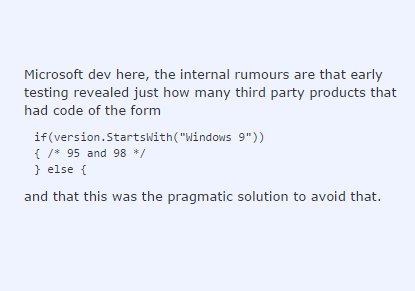 windows10_news's tweet photo. Ever thought why Windows10 and not 9? So apps, website, and other code won't think it's Windows 98 ..LOOL http://t.co/4WLX5o0Gn1