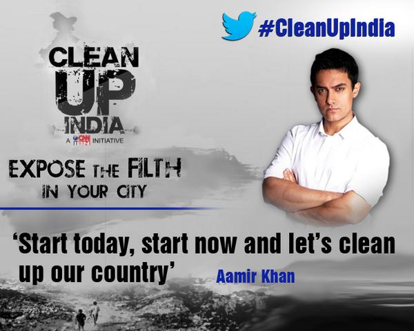 CNNnews18's tweet photo. Mission #CleanUpIndia. Here's @aamir_khan's message. To do more, click here: http://t.co/fd1RSmcFBJ http://t.co/EraHWvXp6s