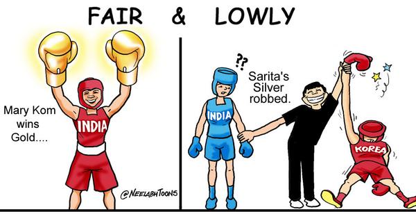 CNNnews18's tweet photo. Boxer Sarita Devi's humiliation captured rather poignantly by @NeelabhToons #SaritaInsulted http://t.co/SpIudpiFbk