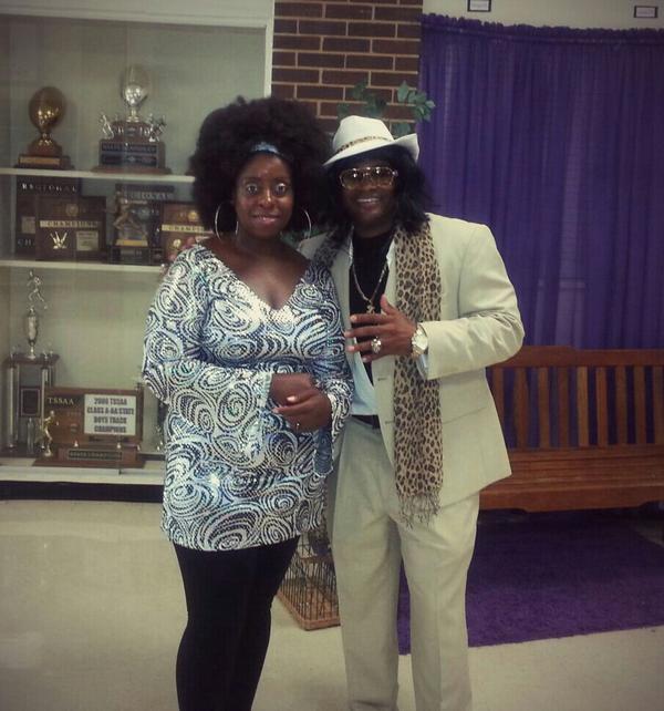 Ms. Coleman and Dr. Willis dressed up for 70s/80s day. Homecoming is tomorrow night at 7pm vs Craigmont.