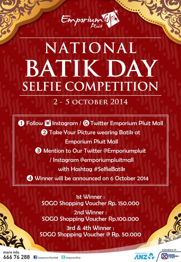 infokuis's tweet photo. Dr @EmporiumPluit: Selfie Dengan Baju Batikmu, Berhadiah Shopping Voucher SOGO. Mau ? #Batikselfie http://t.co/7UEq5EiJ0R"