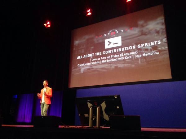 DrupalConEur's tweet image. Day 3 of #DrupalCon Amsterdam is go. @BarisW on stage thanking the local community for organising the social events.