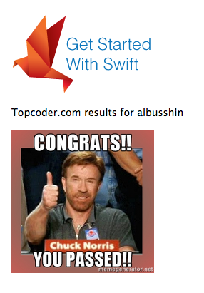 AlbusShin's tweet photo. I passed!! http://t.co/jhARSPCQGs @topcoder #getswifter http://t.co/GybwdY8FmM