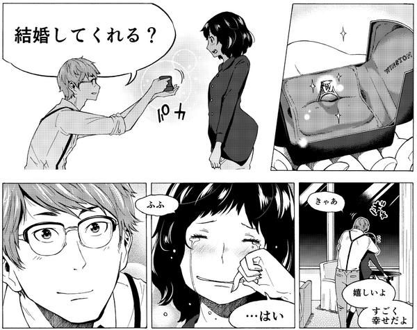 同じ方からのご依頼で、新郎新婦のなれそめを６ページの短編漫画風で描かせていただきました☆初めての経験でしたが、とっても楽しかったです！
画像は最終６ページ目のプロポーズの場面です。 