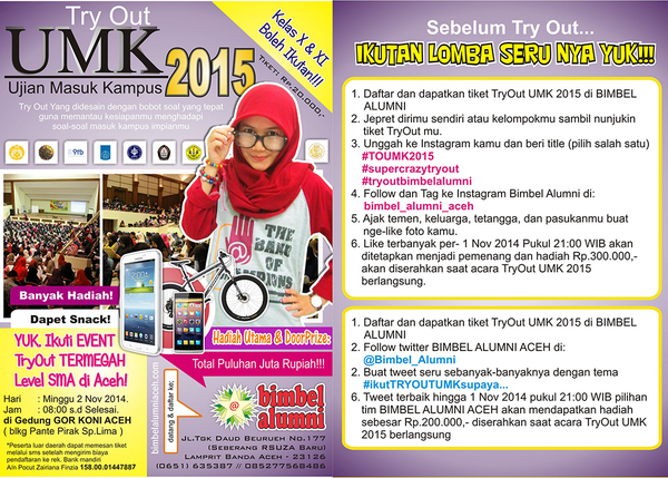 Bimbel_Alumni's tweet photo. Ayo ikutan Try Out UMK 2015 bareng kita dan menangkan hadiahnya! Ada lomba lain juga loh. http://t.co/1uTjtVtGjn