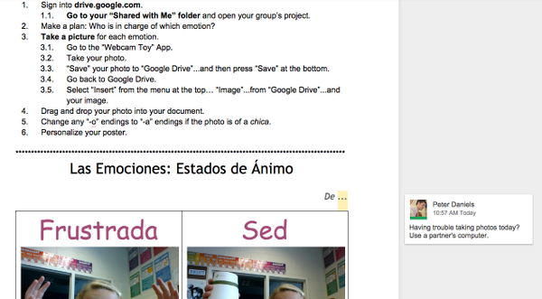 ProfePete's tweet photo. Using #googledrive #googlenotebook #webcamtoy to refresh Spanish posters. Ss take photos of their Estados de Animo. http://t.co/y7765zZbh7