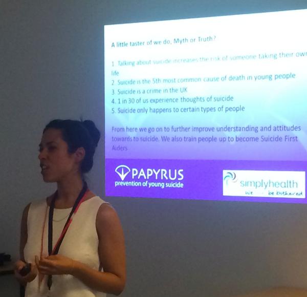 Here's Aanika thanking <a href="/SimplyhealthUK/">Simplyhealth</a> #Manchester 4 supporting our suicide-safer communities project #northwest