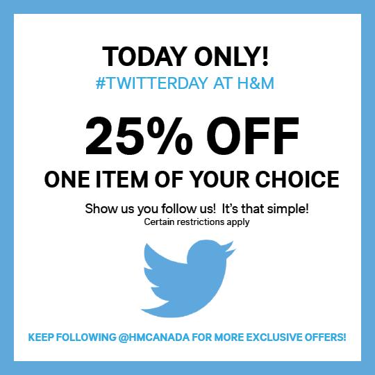 redd4420's tweet photo. “@hmcanada: Today is #TwitterDay! Get 25% off an item of your choice! See in-store for details http://t.co/En4dTfI7fn” @MsNicoRen shopping?