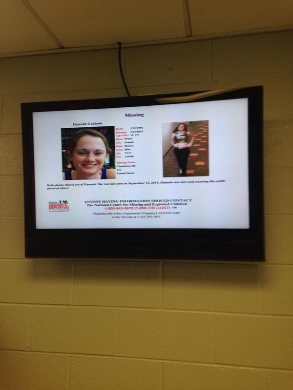 Marcella_Rob's tweet photo. On the TV in the #Charlottesville police station. #FindHannahGraham http://t.co/2xDBuru9Pu