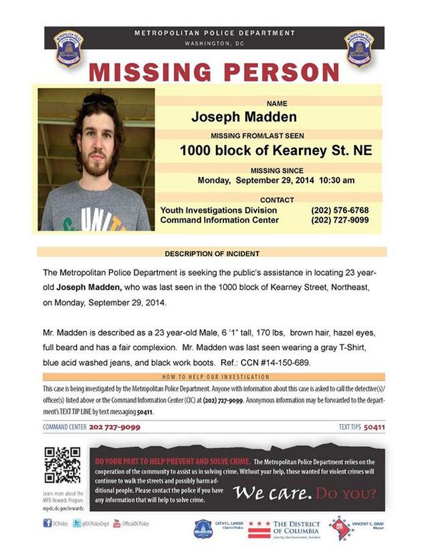 MPD missing person flyer for <a href="/thepugdc/">The Pug</a> Joe Madden in case you want to print &amp; hang it. The 23 y/o disappeared Monday.