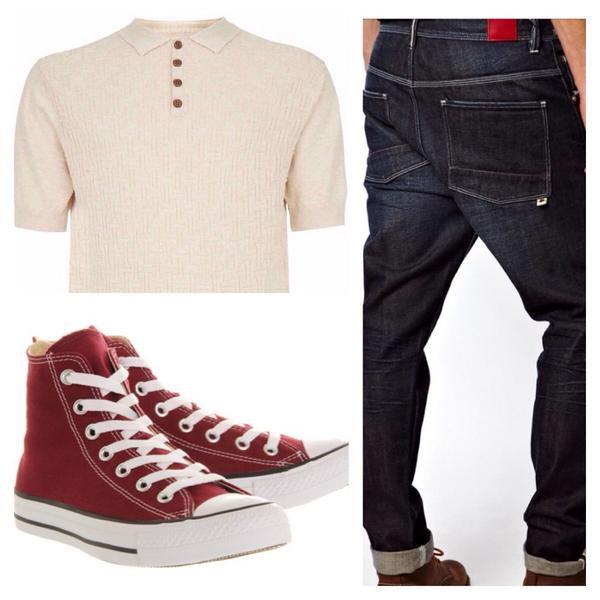 Knitted Polo <a href="/Primark/">Primark</a> 
Tapered Jeans <a href="/ASOS_Menswear/">ASOS Menswear</a>
Hi tops <a href="/Converse/">Converse</a>