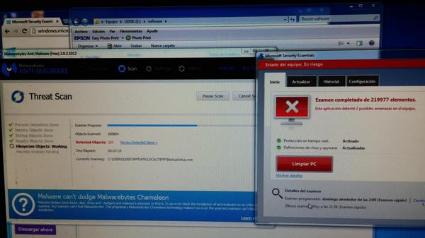 2avidg's tweet photo. El antivirus de microsoft demostrando todo su potencial, 2 amenazas frente a las  157 detectadas por el malwarebytes http://t.co/iE2lZ8hDdz