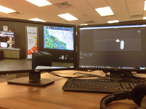 theschmor's tweet photo. Working with @wes_bush on our @oculus project for @REAPWaterloo in the @uwstratford #EngageLab http://t.co/ZSdmAPh3d7
