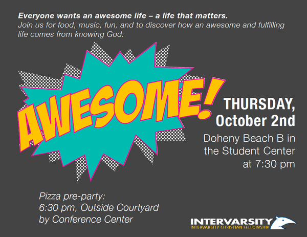 InterVarsityUCI's tweet photo. Today's the Day! First day of class,
Pizza Pre-Party and our Awesome Event? Awesome! Join us for food, fun, and more! http://t.co/JjUnZ6otM3