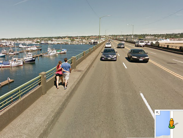 NEGreenways's tweet photo. They don't actually know each other. This is just only way to fit two ppl on Ballad Bridge sidewalk. #googlemapsfun http://t.co/miXwTHkzH0