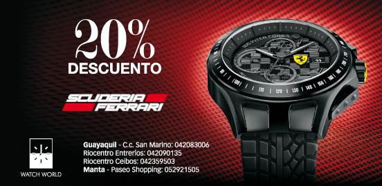 ClaroEconomicos's tweet photo. @watchworld_ec tiene sorpresas para ti! Aprovecha el 20% OFF en toda la mercadería de #SCUDERIAFERRARI #FerrariEC http://t.co/qYQUOVUaoS