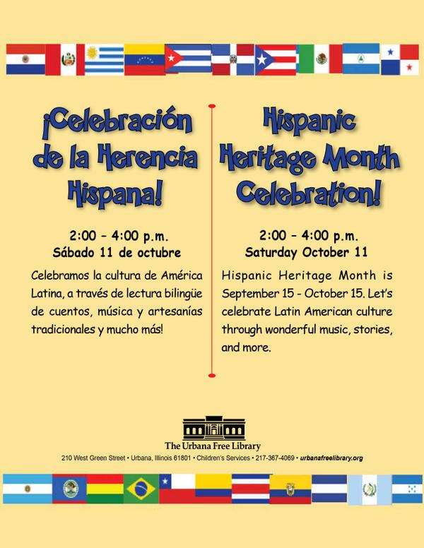 Celebrate Hispanic Heritage @UrbanaLibrary from 2-4! Bilingual games, music, arts & crafts, storytelling, and more!